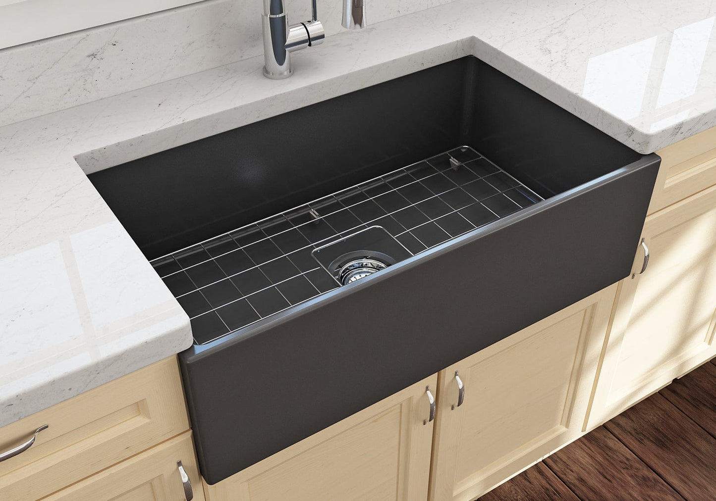BOCCHI CONTEMPO 33" Fireclay Farmhouse Single Bowl Kitchen Sink with Protective Bottom Grid and Strainer