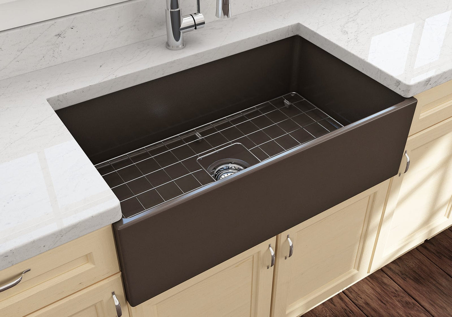 BOCCHI CONTEMPO 33" Fireclay Farmhouse Single Bowl Kitchen Sink with Protective Bottom Grid and Strainer