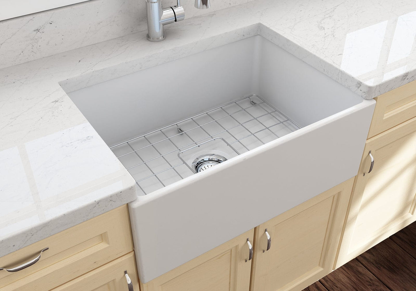 BOCCHI CONTEMPO 27" Fireclay Farmhouse Single Bowl Kitchen Sink with Protective Bottom Grid and Strainer