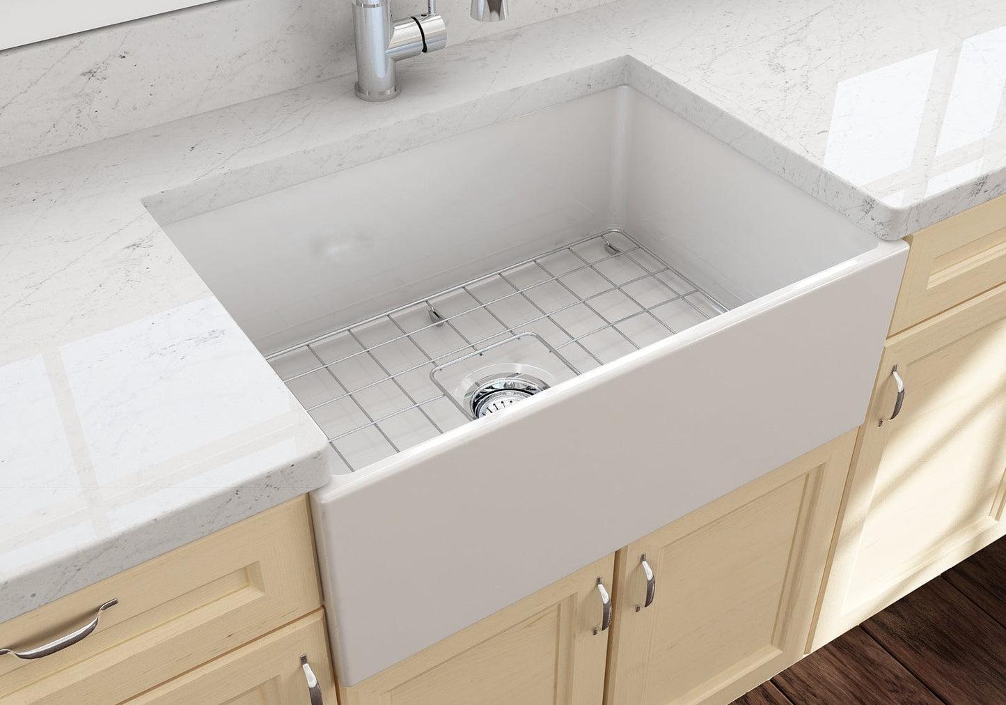 BOCCHI CONTEMPO 27" Fireclay Farmhouse Single Bowl Kitchen Sink with Protective Bottom Grid and Strainer
