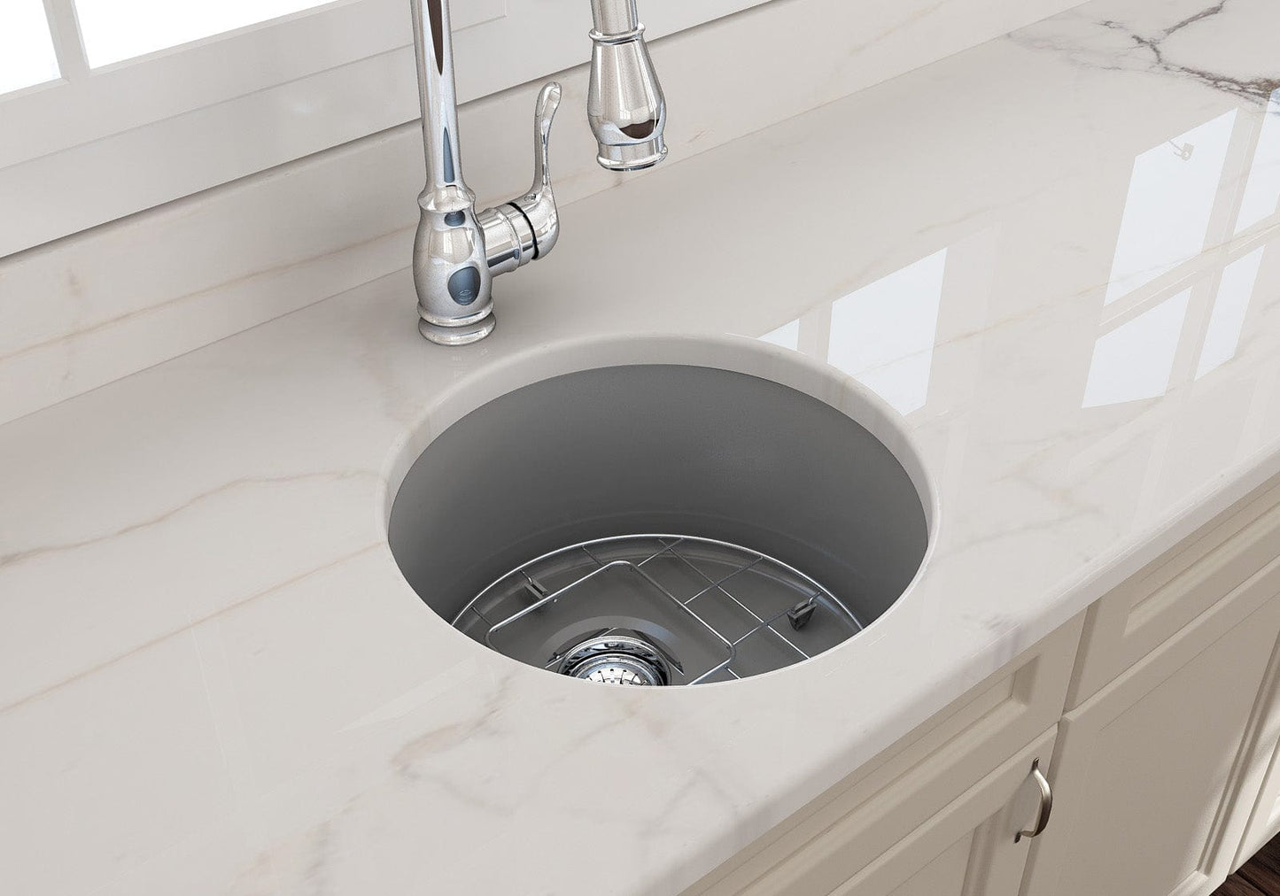BOCCHI SOTTO 18.5" Fireclay Modern Undermount Single Bowl Kitchen Sink with Protective Bottom Grid and Strainer