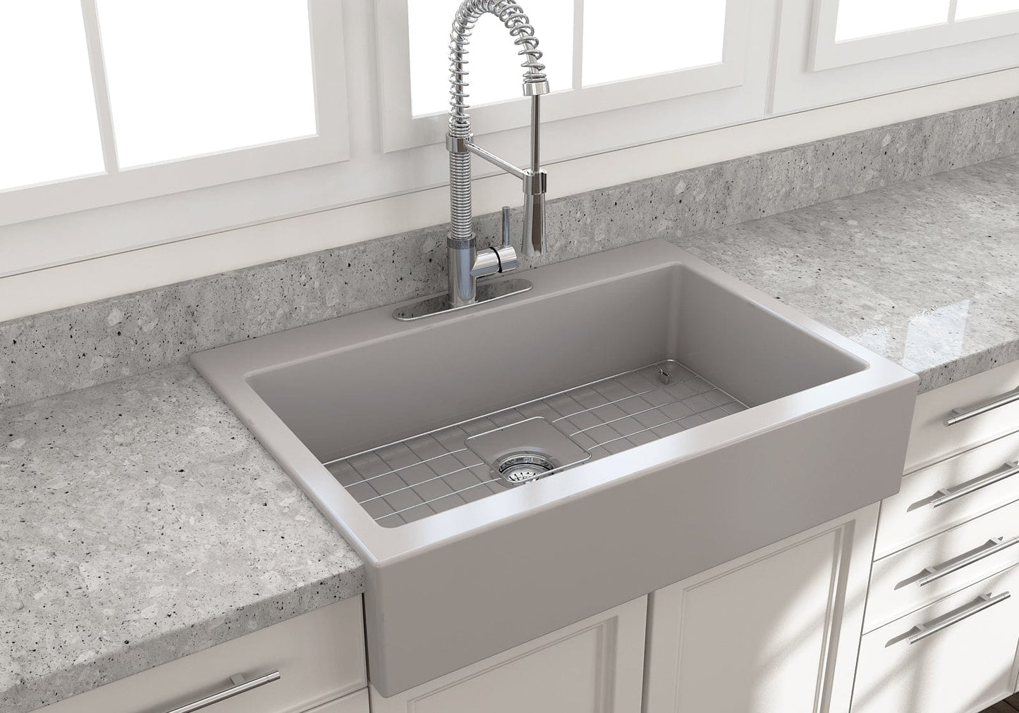 BOCCHI NUOVA Farmhouse Short Apron Front Fireclay 34" Single Bowl Kitchen Sink
