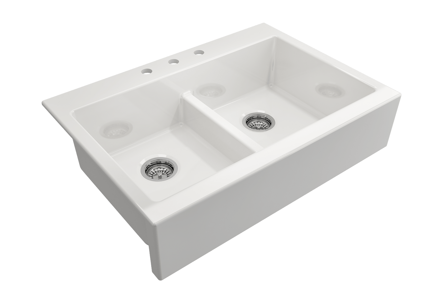 BOCCHI NUOVA Farmhouse Short Apron Front Fireclay 34" Double Bowl Kitchen Sink