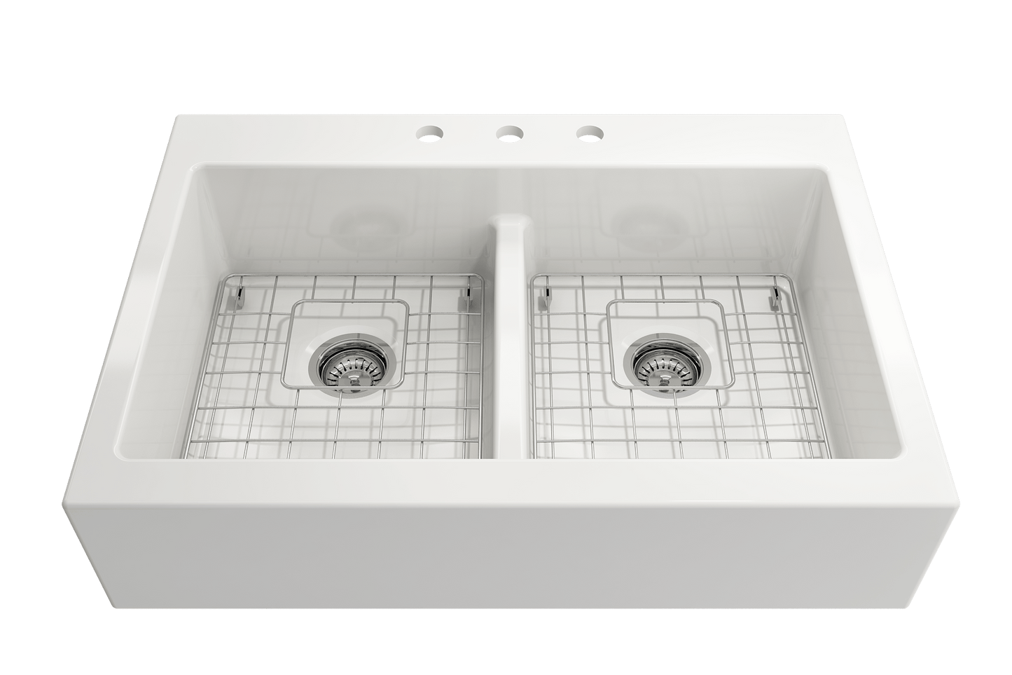 BOCCHI NUOVA Farmhouse Short Apron Front Fireclay 34" Double Bowl Kitchen Sink