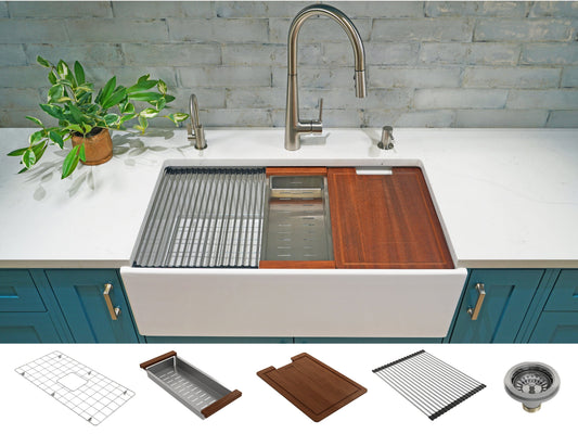 BOCCHI CONTEMPO 33" Step Rim With Integrated Work Station Fireclay Farmhouse Single Bowl Kitchen Sink with Accessories