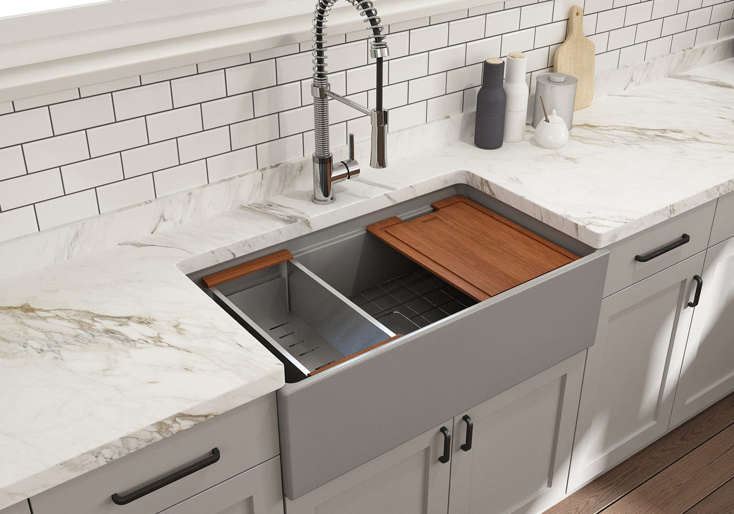 BOCCHI CONTEMPO 33" Step Rim With Integrated Work Station Fireclay Farmhouse Single Bowl Kitchen Sink with Accessories