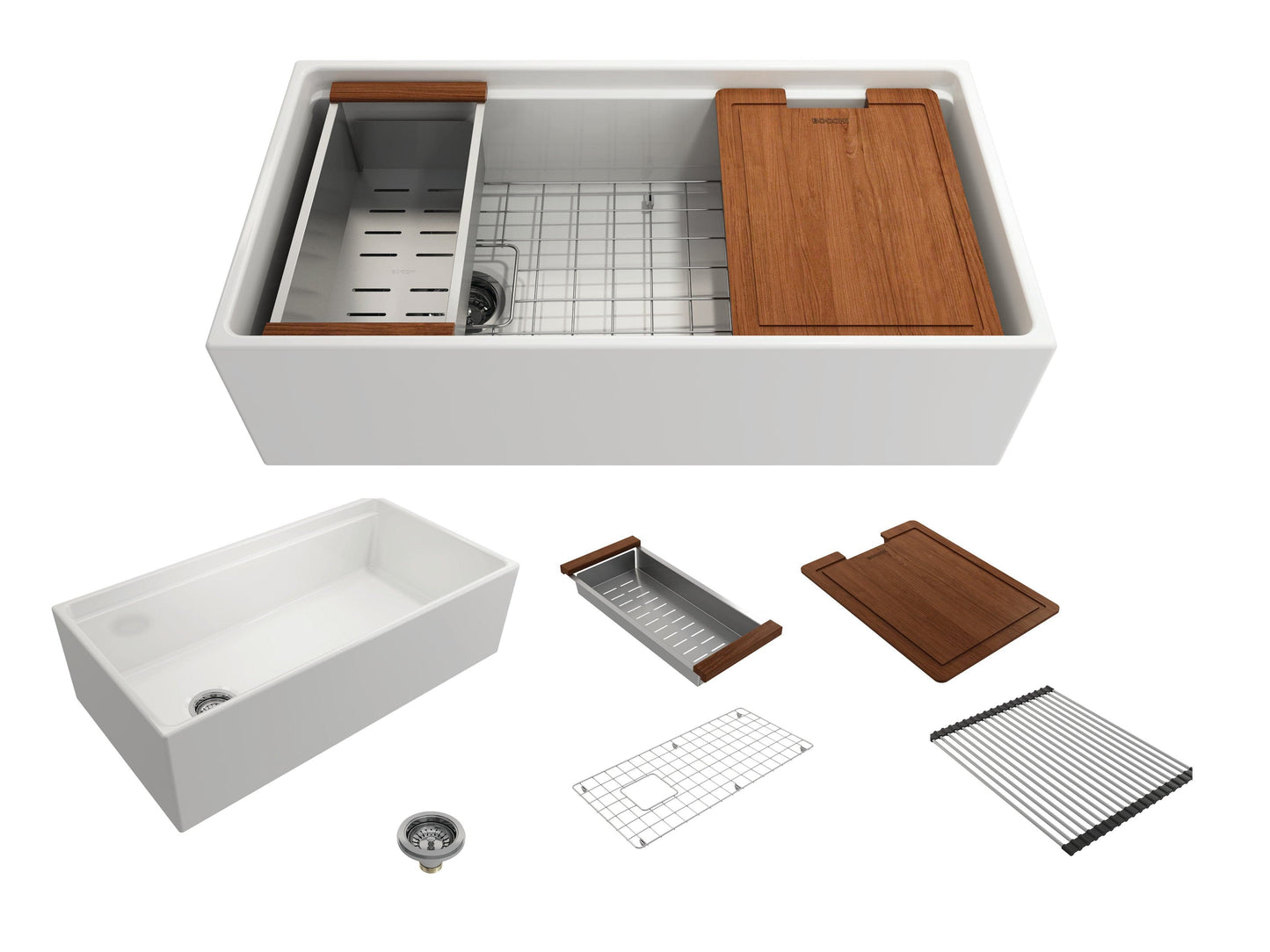 BOCCHI CONTEMPO 36" Step Rim With Integrated Work Station Fireclay Farmhouse Single Bowl Kitchen Sink with Accessories