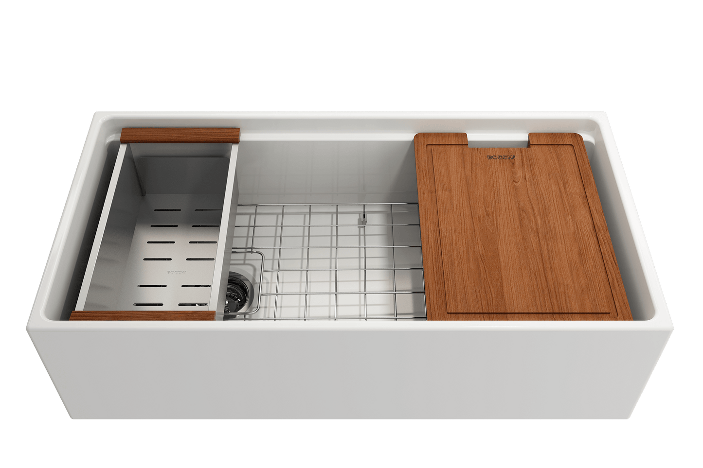 BOCCHI CONTEMPO 36" Step Rim With Integrated Work Station Fireclay Farmhouse Single Bowl Kitchen Sink with Accessories