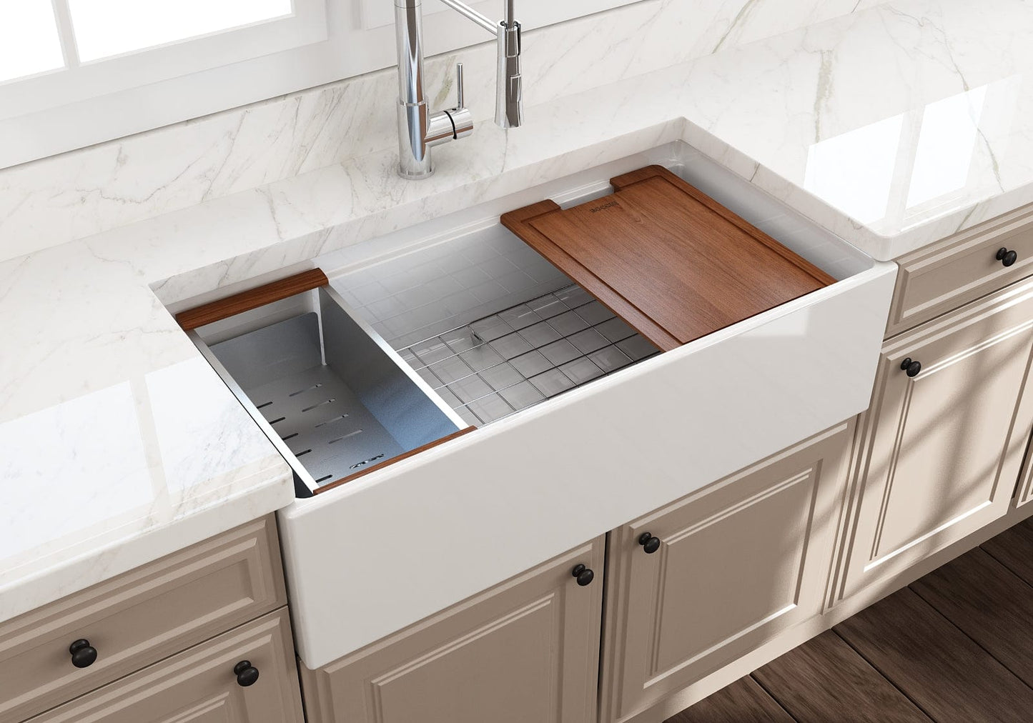 BOCCHI CONTEMPO 36" Step Rim With Integrated Work Station Fireclay Farmhouse Single Bowl Kitchen Sink with Accessories