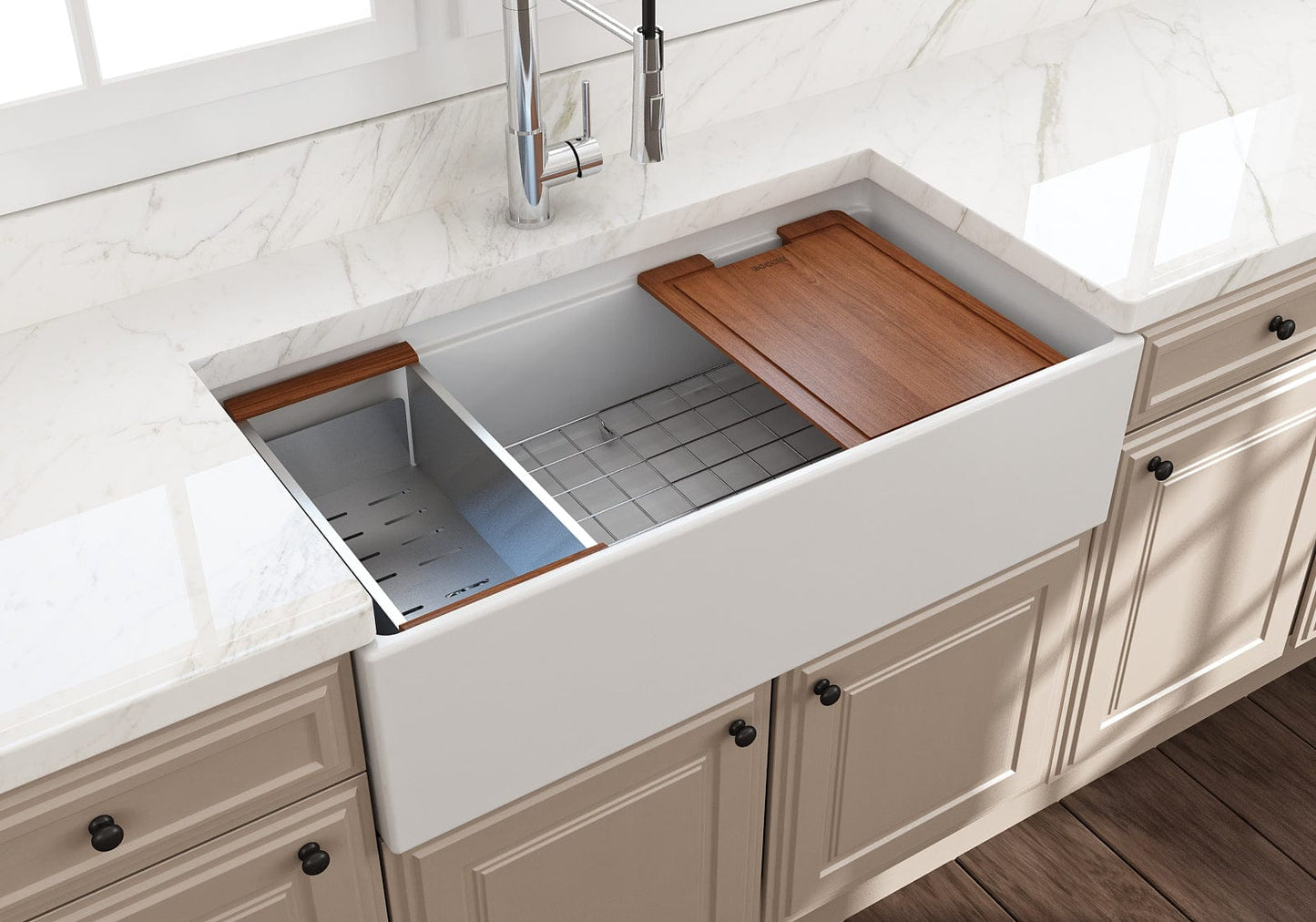 BOCCHI CONTEMPO 36" Step Rim With Integrated Work Station Fireclay Farmhouse Single Bowl Kitchen Sink with Accessories