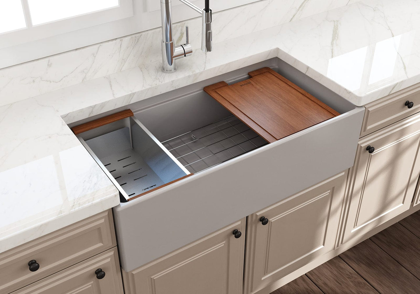 BOCCHI CONTEMPO 36" Step Rim With Integrated Work Station Fireclay Farmhouse Single Bowl Kitchen Sink with Accessories