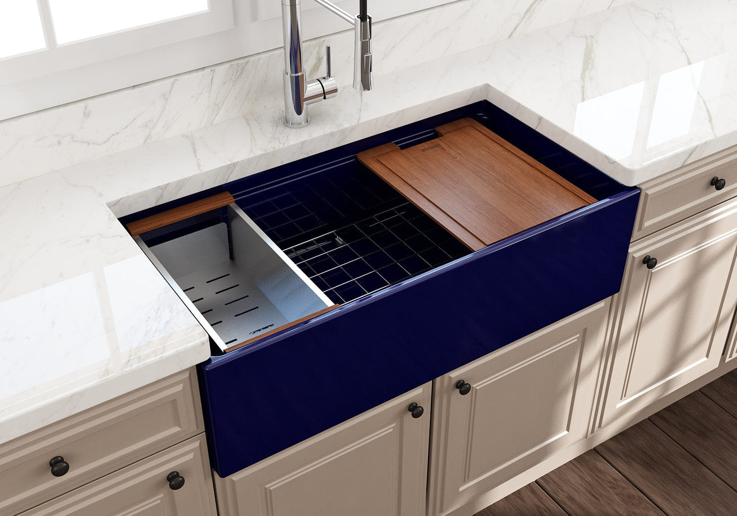 BOCCHI CONTEMPO 36" Step Rim With Integrated Work Station Fireclay Farmhouse Single Bowl Kitchen Sink with Accessories