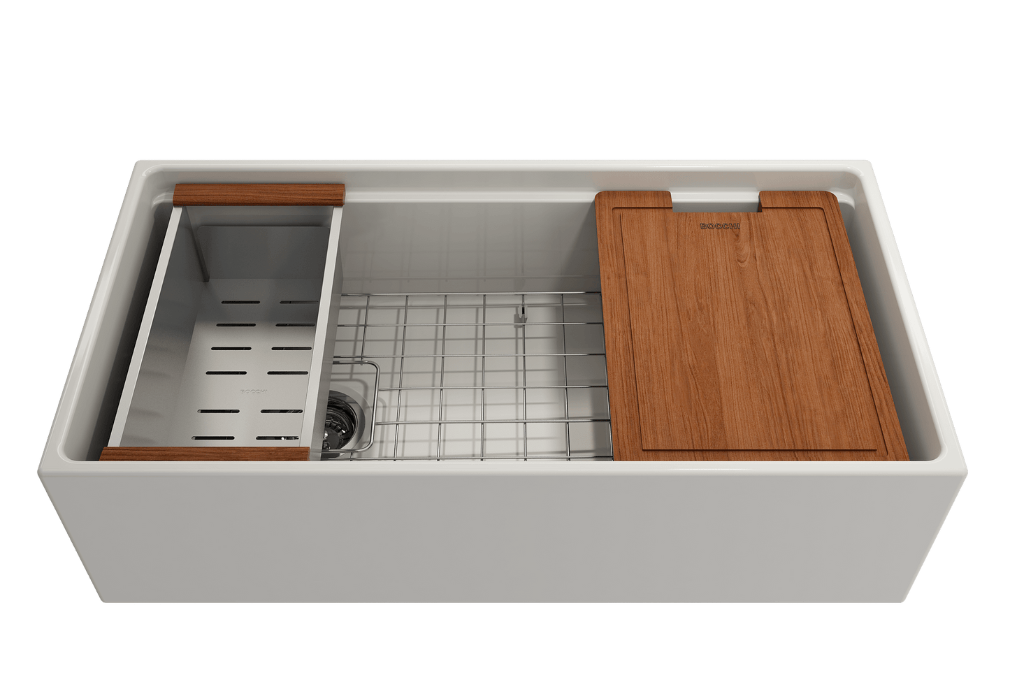 BOCCHI CONTEMPO 36" Step Rim With Integrated Work Station Fireclay Farmhouse Single Bowl Kitchen Sink with Accessories