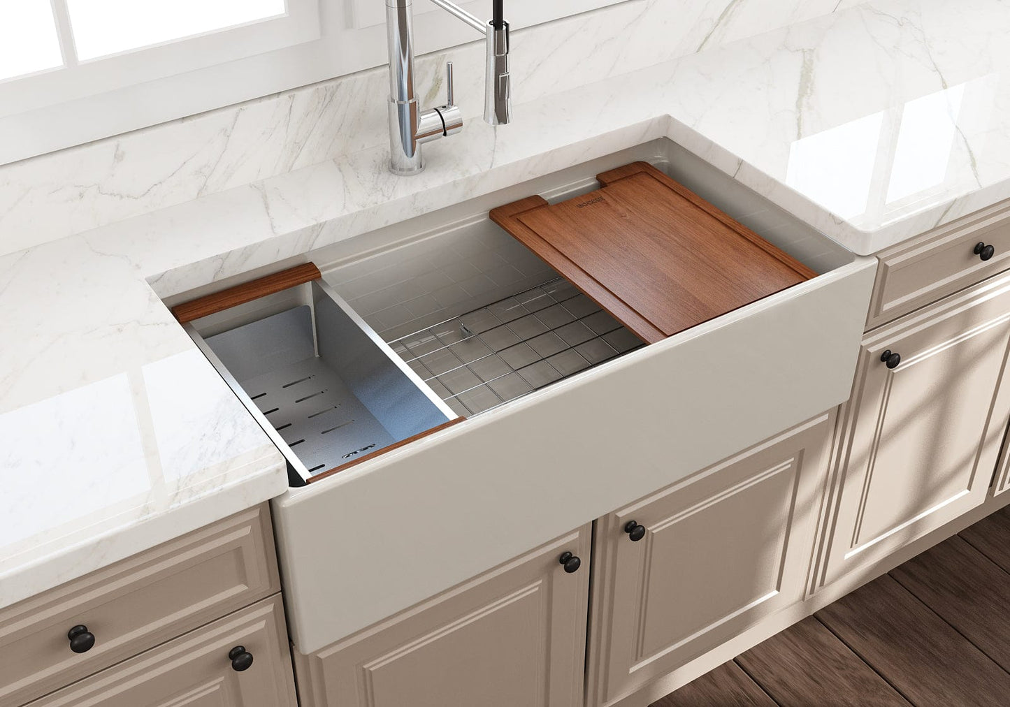 BOCCHI CONTEMPO 36" Step Rim With Integrated Work Station Fireclay Farmhouse Single Bowl Kitchen Sink with Accessories