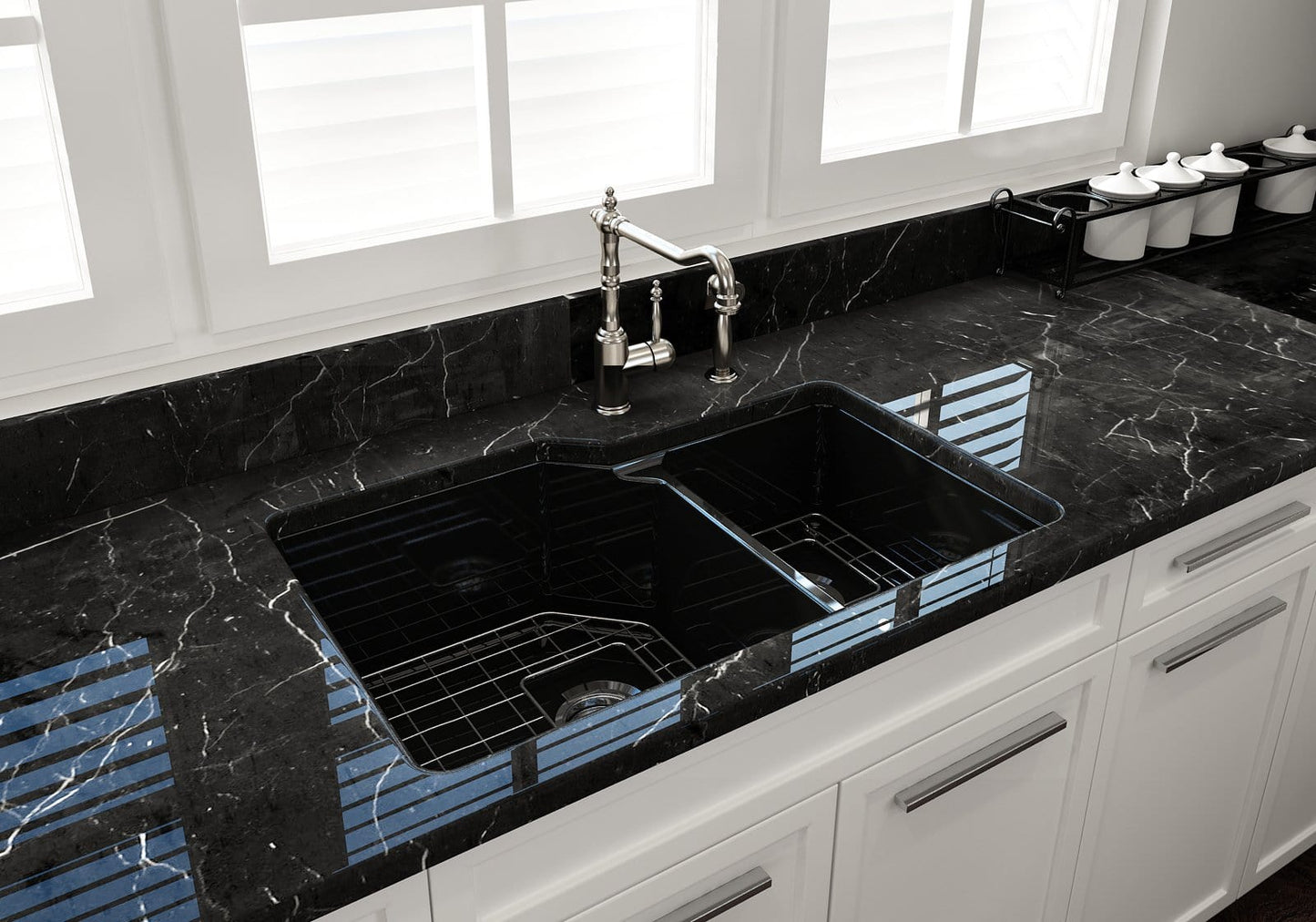 Bocchi SOTTO 33" Fireclay Double Bowl Kitchen Sink with Protective Bottom Grid and Strainer