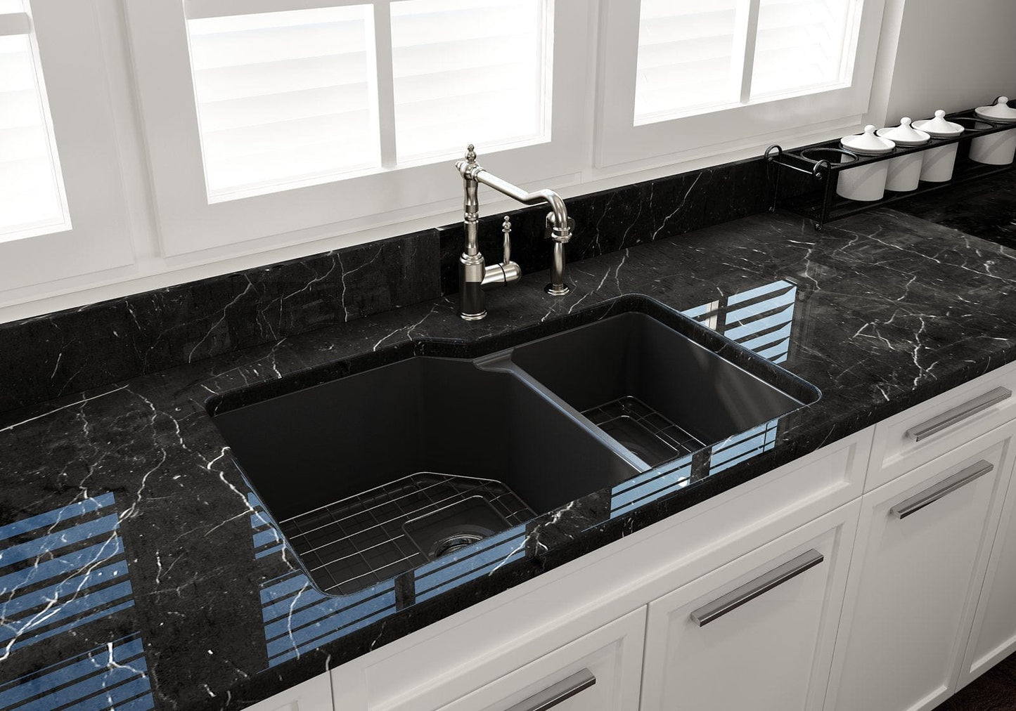 Bocchi SOTTO 33" Fireclay Double Bowl Kitchen Sink with Protective Bottom Grid and Strainer