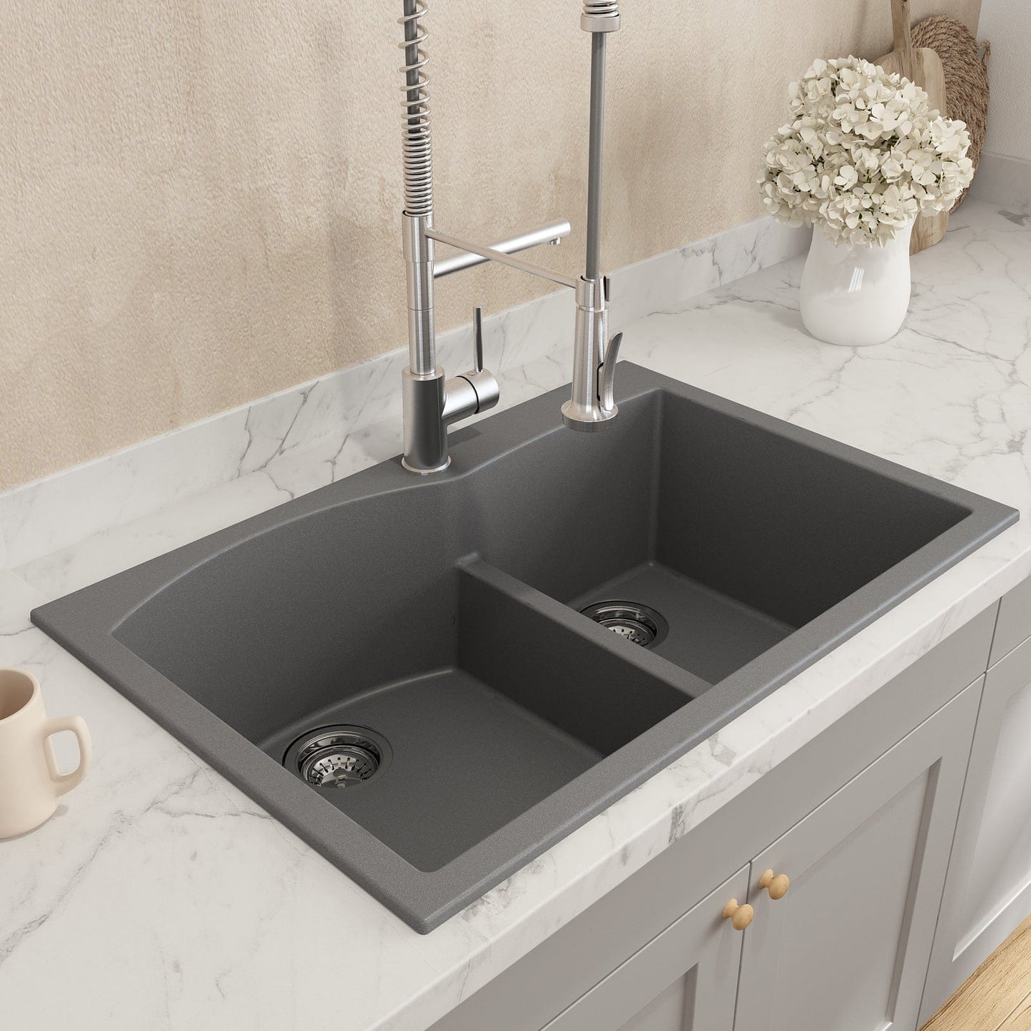 BOCCHI CAMPINO DUO 33" Dual Mount 60/40 Double Bowl Granite Kitchen Sink with Strainers