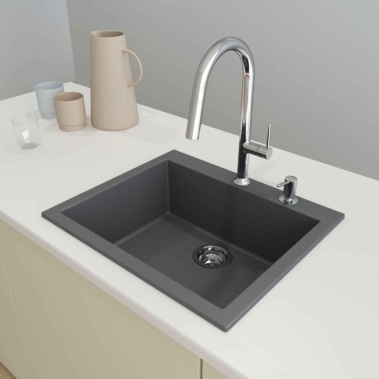 CAMPINO UNO 24" Single Bowl Dual Mount Granite Kitchen Sink with Strainer