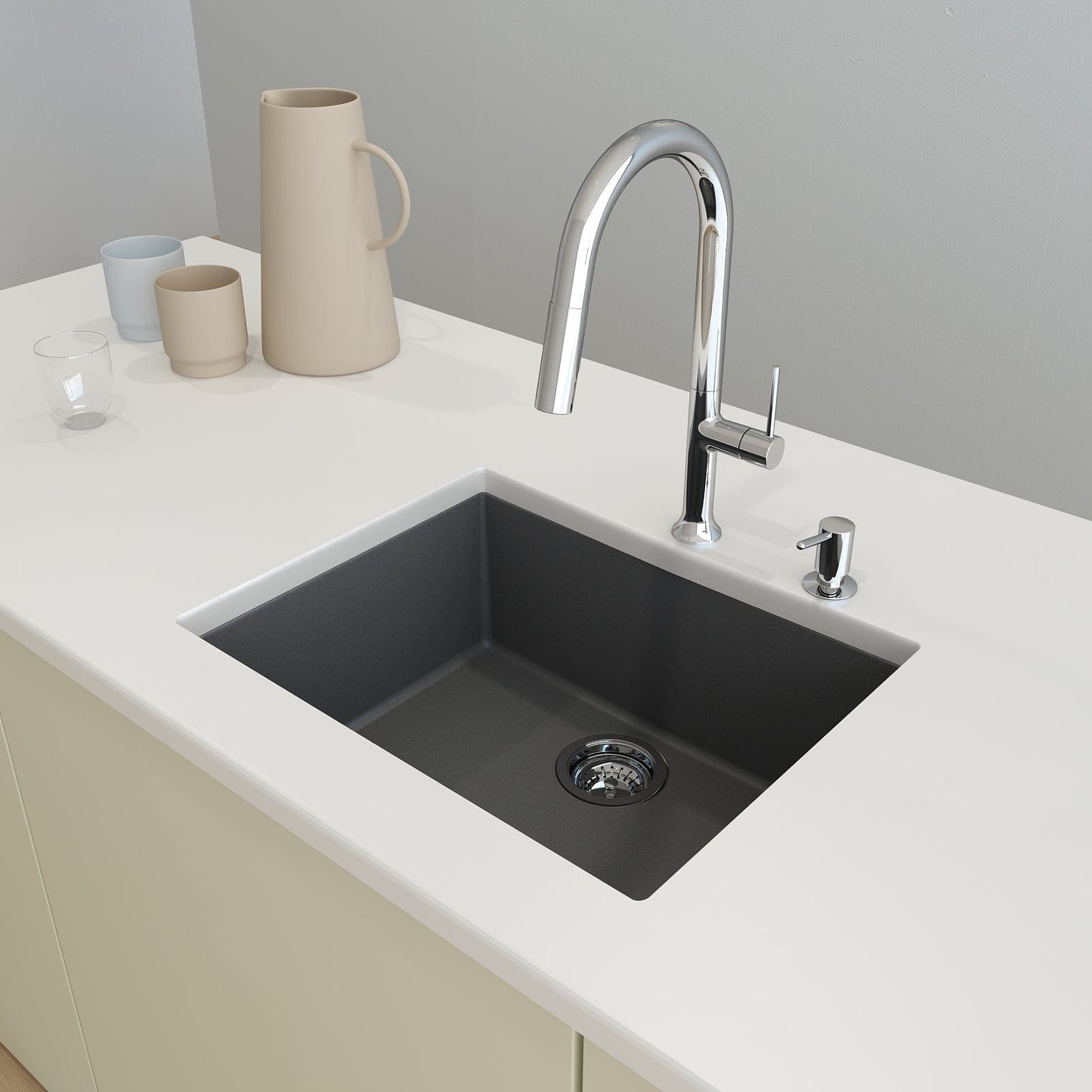 CAMPINO UNO 24" Single Bowl Dual Mount Granite Kitchen Sink with Strainer