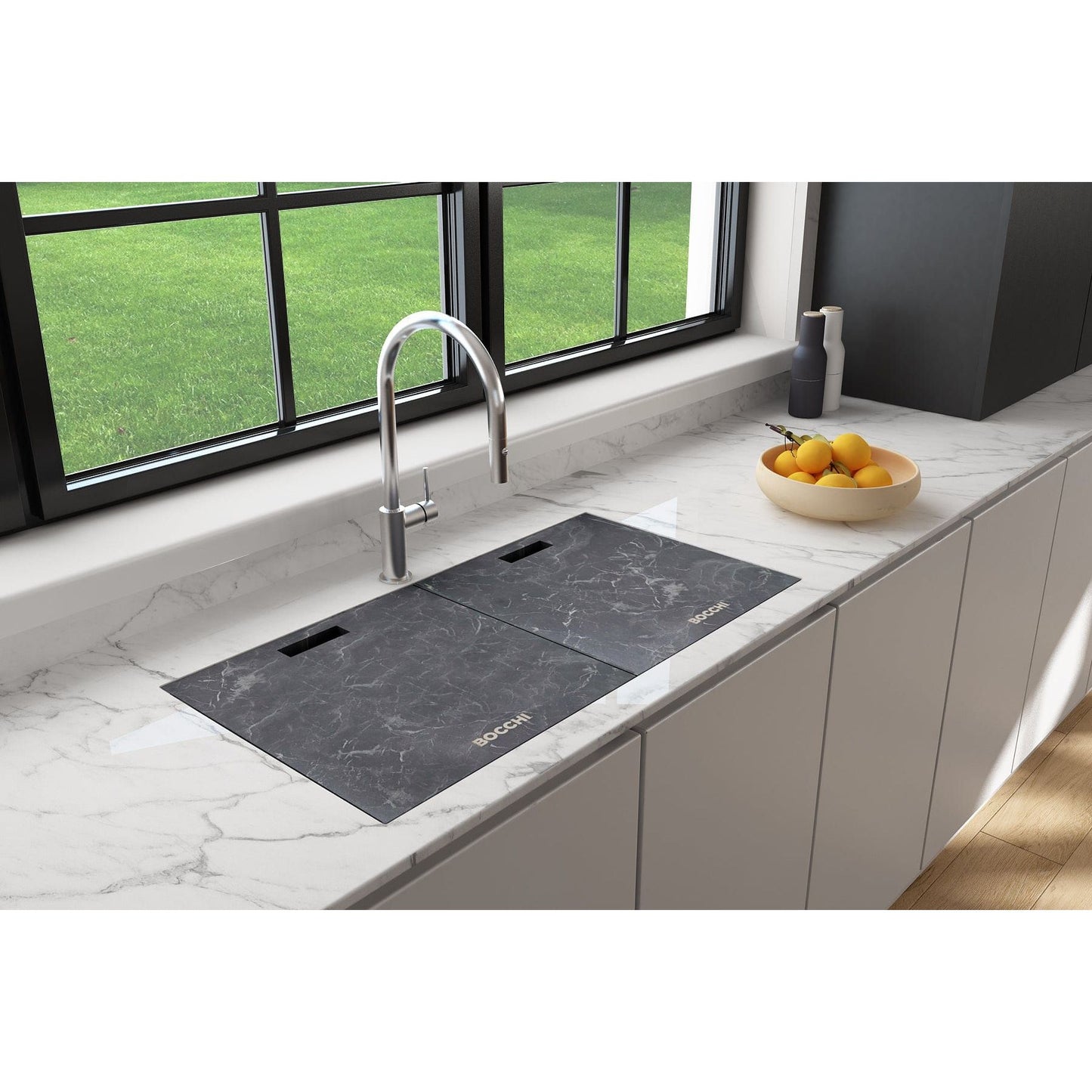 BOCCHI BAVENO LUX 33" Double Bowl Granite Composite Kitchen Sink with Integrated Workstation and Accessories with Covers