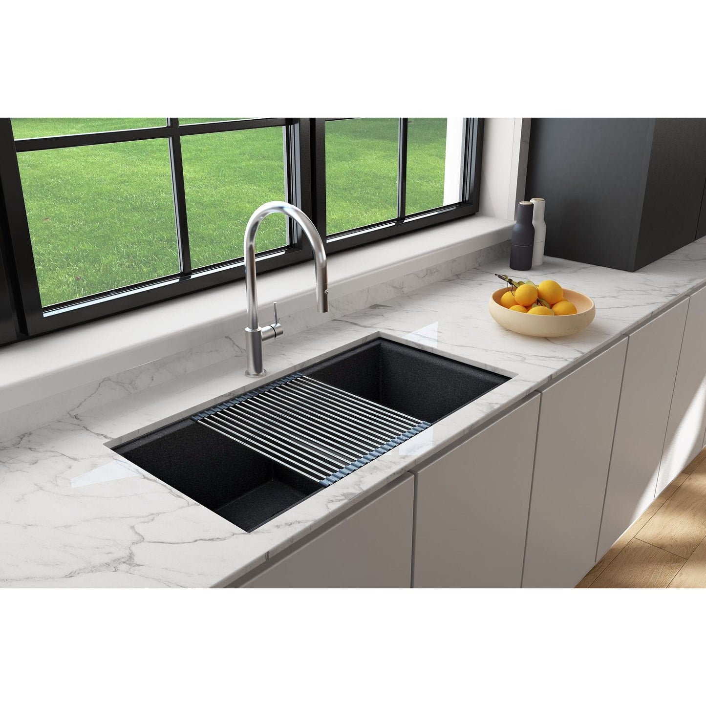 BOCCHI BAVENO LUX 33" Double Bowl Granite Composite Kitchen Sink with Integrated Workstation and Accessories with Covers