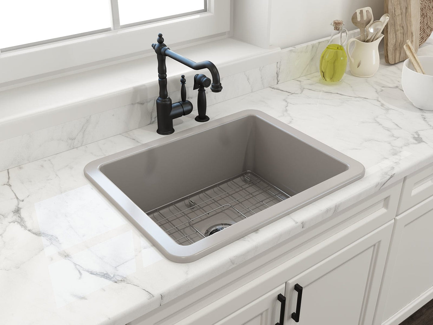 BOCCHI SOTTO 24" Fireclay Dual-Mount Single Bowl Kitchen Sink with Protective Bottom Grid and Strainer