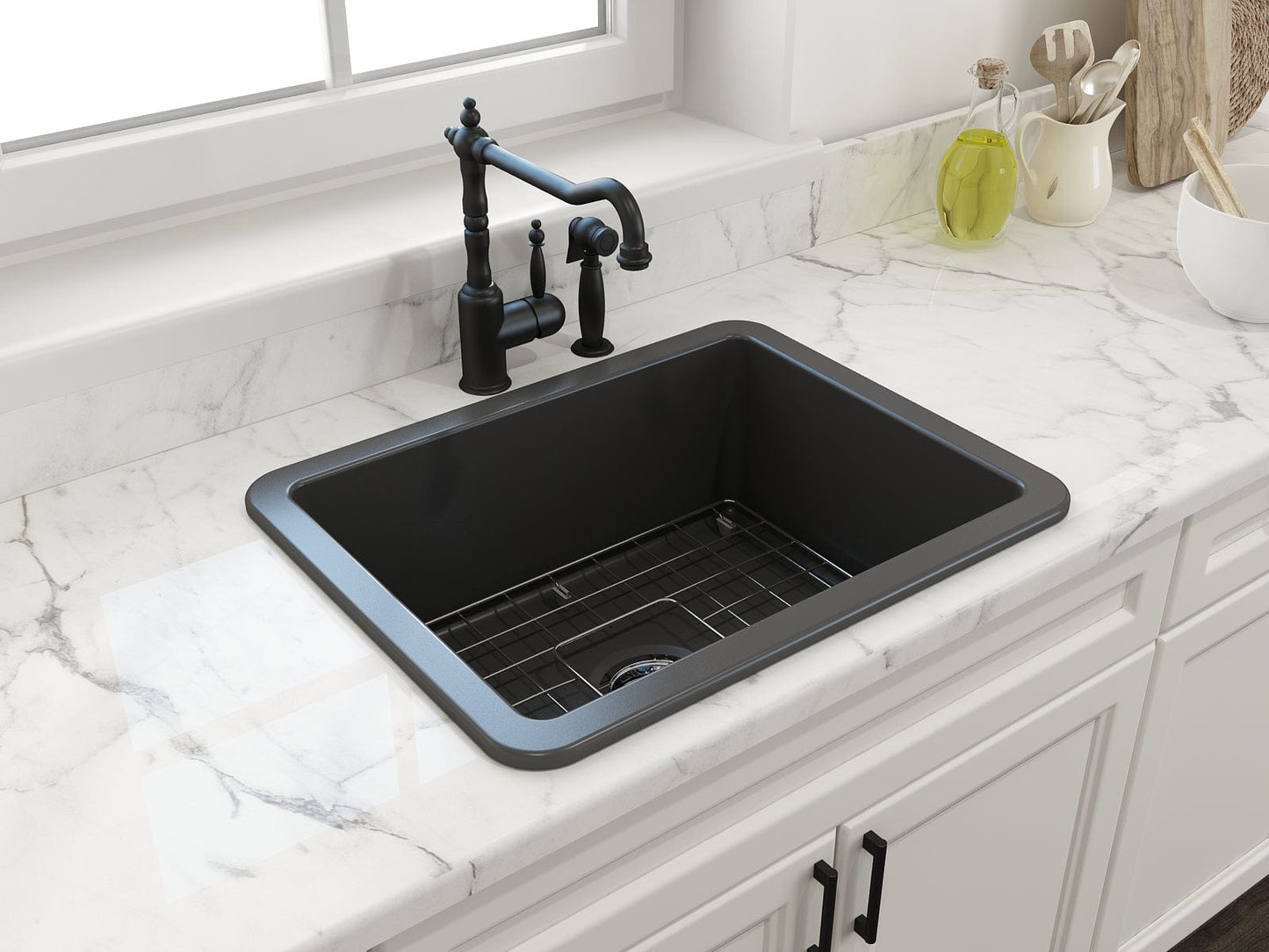 BOCCHI SOTTO 24" Fireclay Dual-Mount Single Bowl Kitchen Sink with Protective Bottom Grid and Strainer