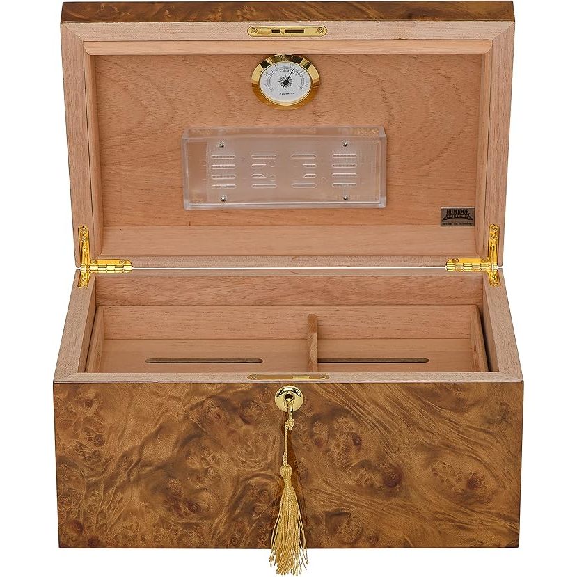 Arcos Desktop Humidor with a Rustic Red Burl Veneer | Holds 70 Cigars
