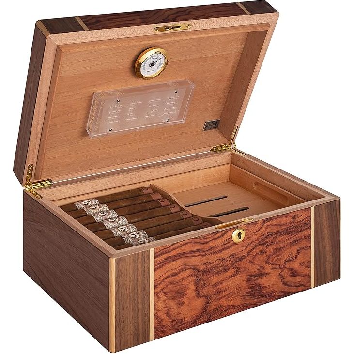 Amarone Desktop Humidor with Bubinga Veneer and Mappa Inlay | Holds 75 Cigars
