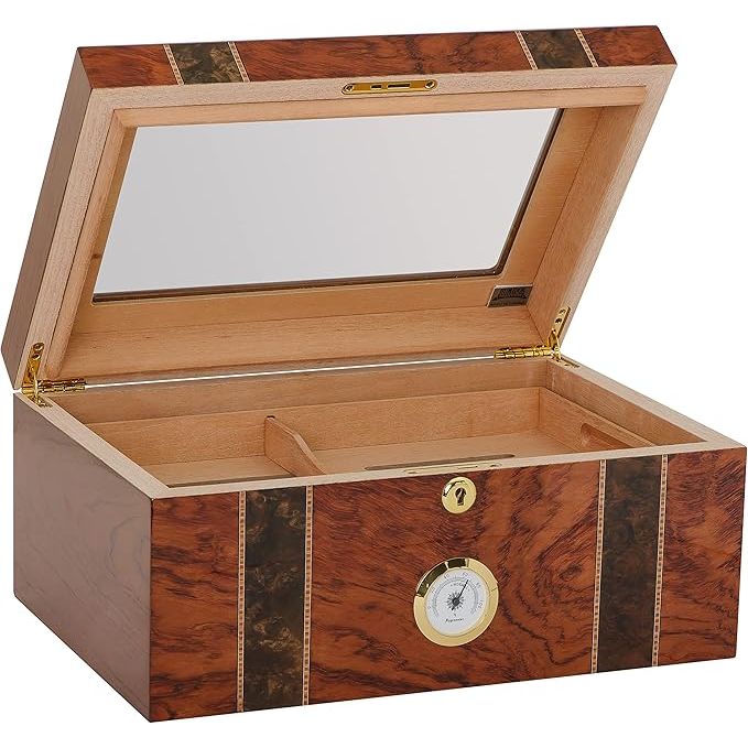Andorra Desktop Humidor with Glasstop and Bubinga Veneer | Holds 75 Cigars
