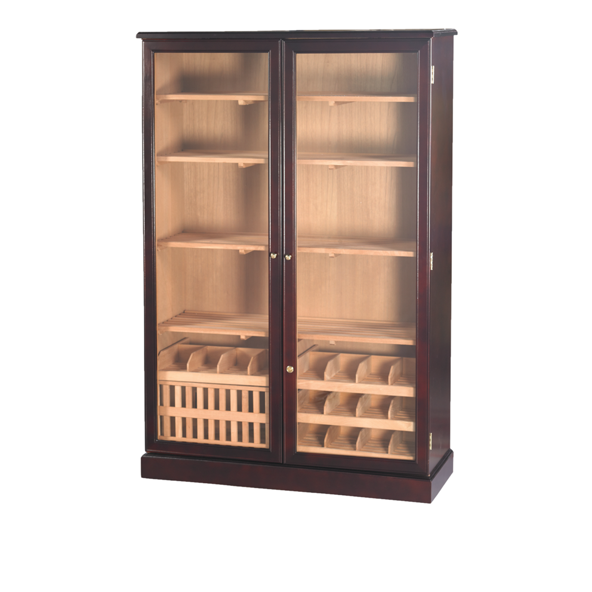 A large mahogany commercial humidor cabinet with glass doors, containing multiple wooden shelves with cigars displayed in a pyramid shape.