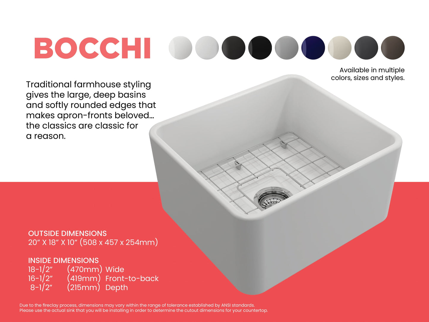 BOCCHI CLASSICO 20" Fireclay Farmhouse Single Bowl Kitchen Sink with Protective Bottom Grid and Strainer
