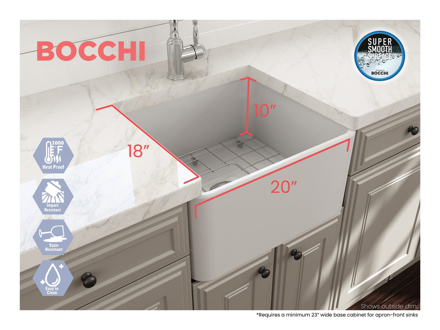 BOCCHI CLASSICO 20" Fireclay Farmhouse Single Bowl Kitchen Sink with Protective Bottom Grid and Strainer