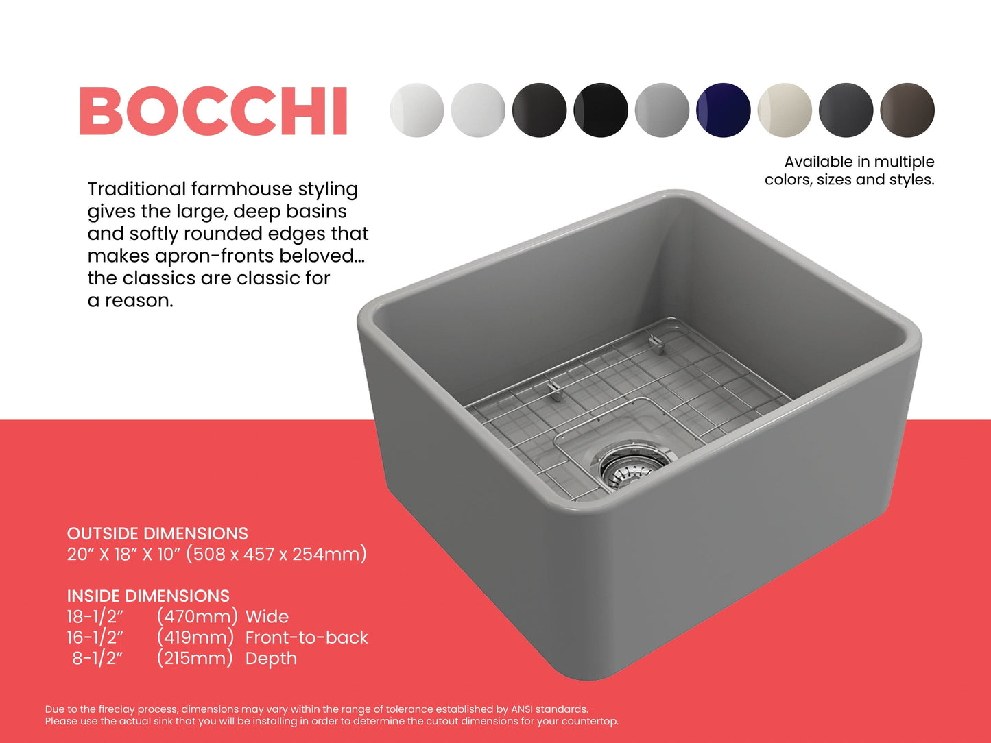 BOCCHI CLASSICO 20" Fireclay Farmhouse Single Bowl Kitchen Sink with Protective Bottom Grid and Strainer