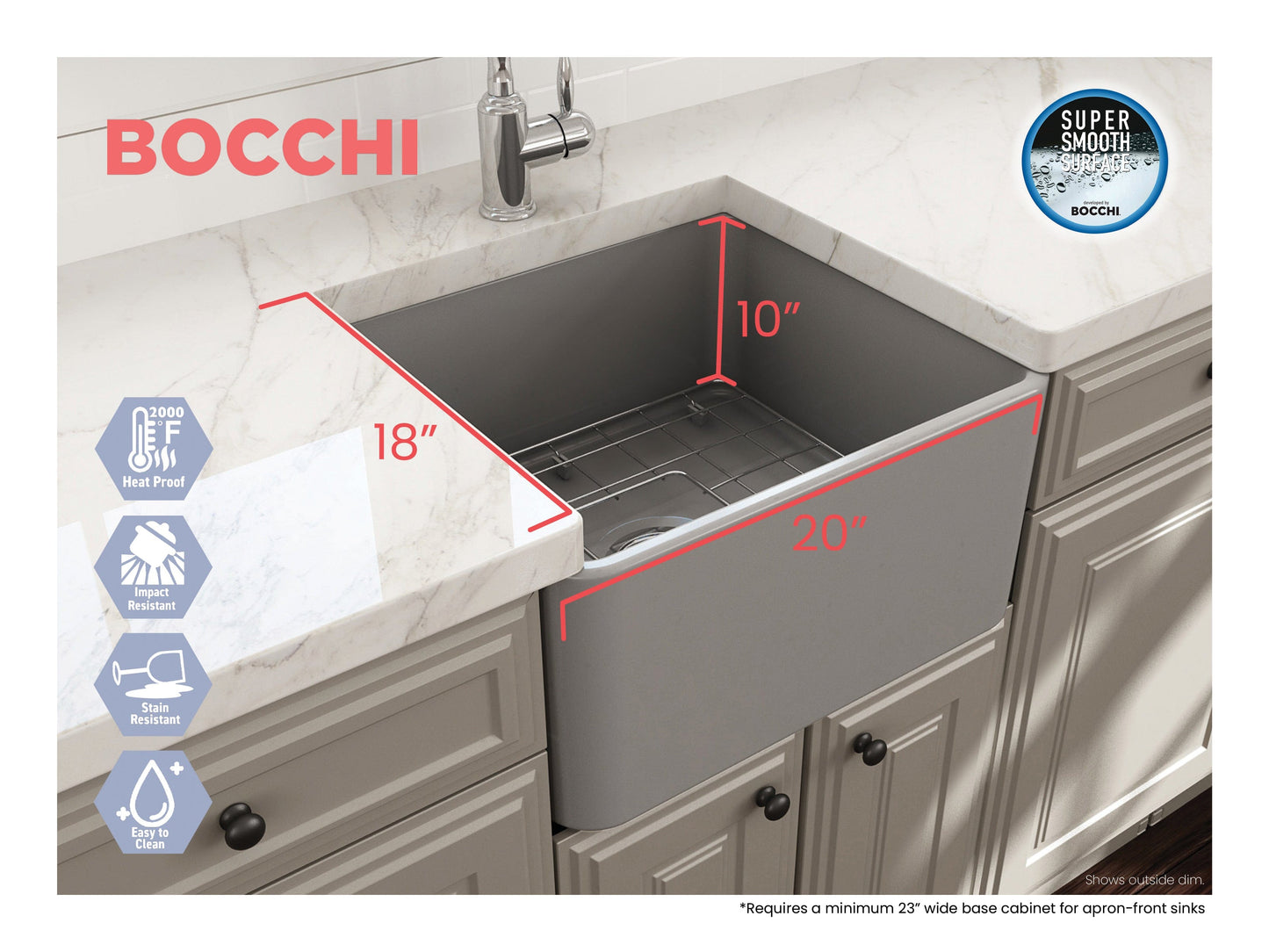BOCCHI CLASSICO 20" Fireclay Farmhouse Single Bowl Kitchen Sink with Protective Bottom Grid and Strainer
