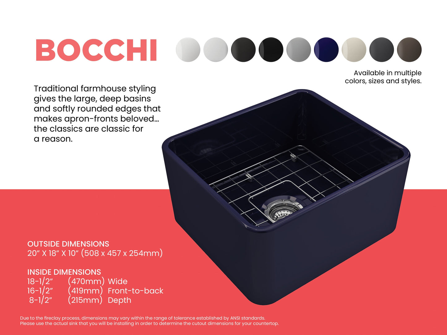 BOCCHI CLASSICO 20" Fireclay Farmhouse Single Bowl Kitchen Sink with Protective Bottom Grid and Strainer
