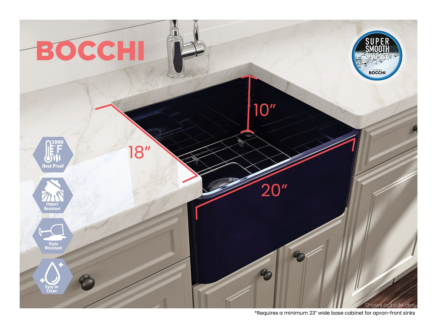 BOCCHI CLASSICO 20" Fireclay Farmhouse Single Bowl Kitchen Sink with Protective Bottom Grid and Strainer