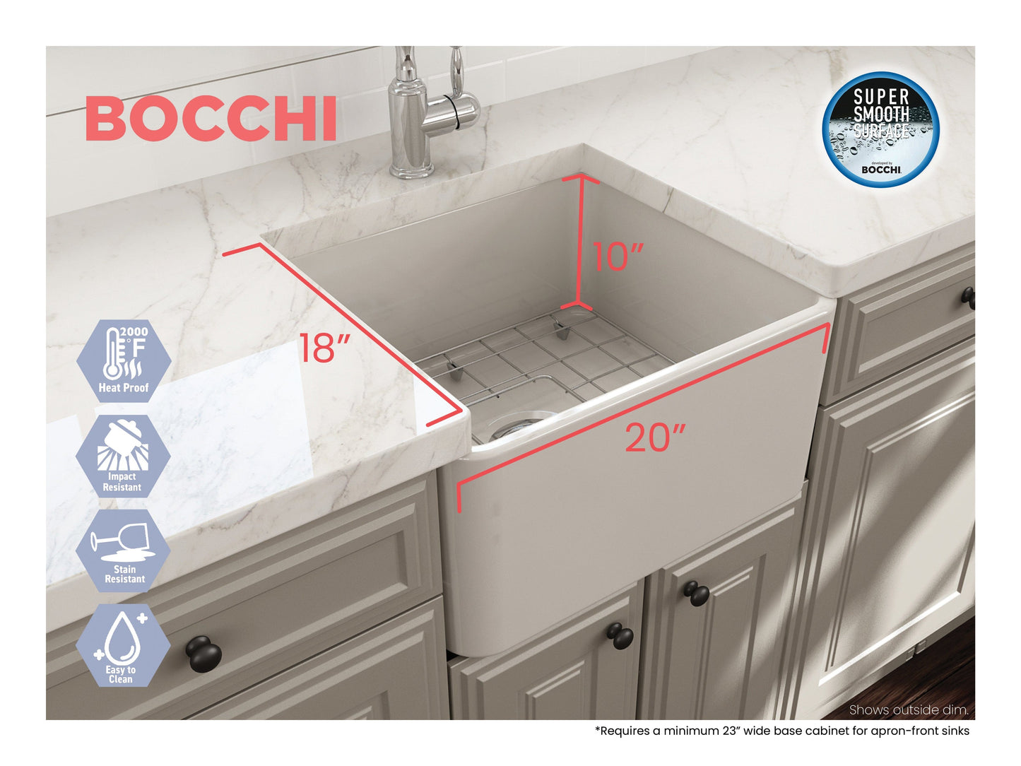 BOCCHI CLASSICO 20" Fireclay Farmhouse Single Bowl Kitchen Sink with Protective Bottom Grid and Strainer
