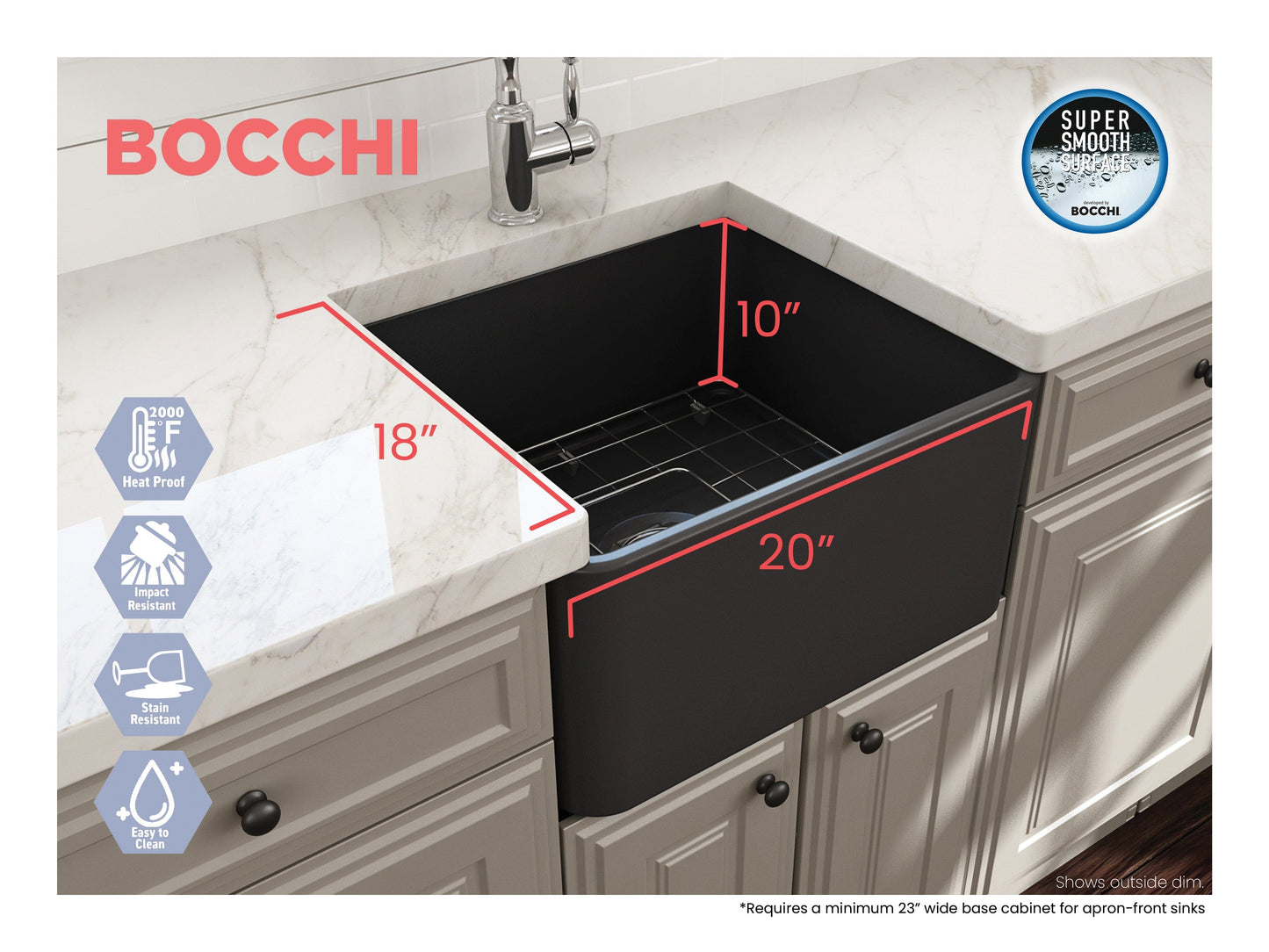 BOCCHI CLASSICO 20" Fireclay Farmhouse Single Bowl Kitchen Sink with Protective Bottom Grid and Strainer