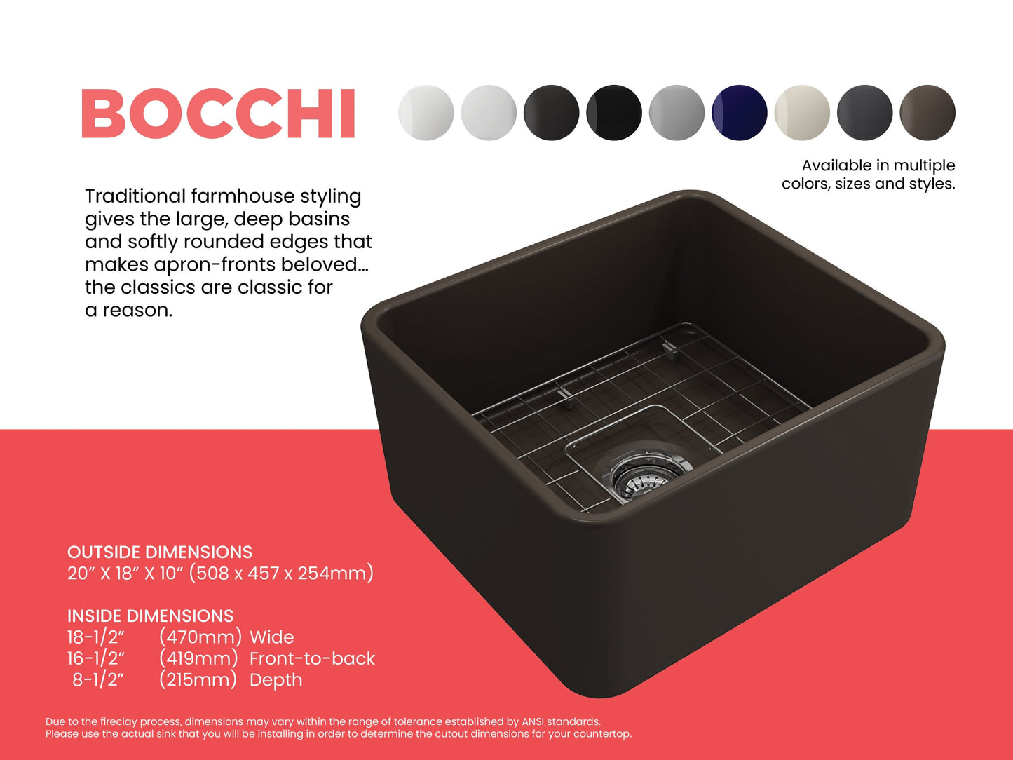 BOCCHI CLASSICO 20" Fireclay Farmhouse Single Bowl Kitchen Sink with Protective Bottom Grid and Strainer