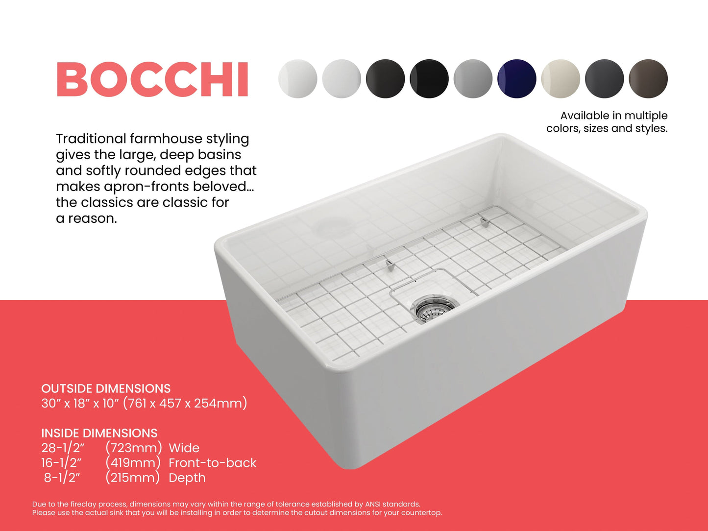 BOCCHI CLASSICO 30" Fireclay Farmhouse Single Bowl Kitchen Sink with Protective Bottom Grid and Strainer