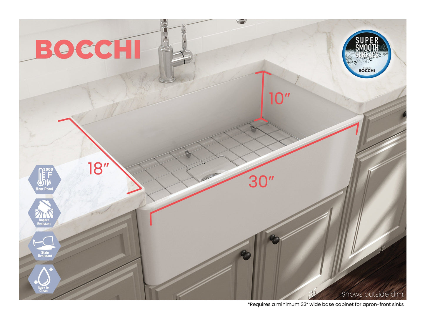 BOCCHI CLASSICO 30" Fireclay Farmhouse Single Bowl Kitchen Sink with Protective Bottom Grid and Strainer