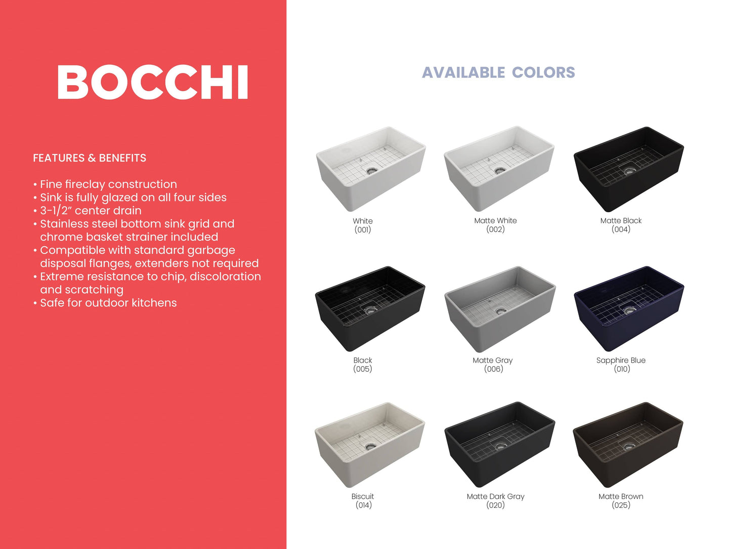 BOCCHI CLASSICO 30" Fireclay Farmhouse Single Bowl Kitchen Sink with Protective Bottom Grid and Strainer