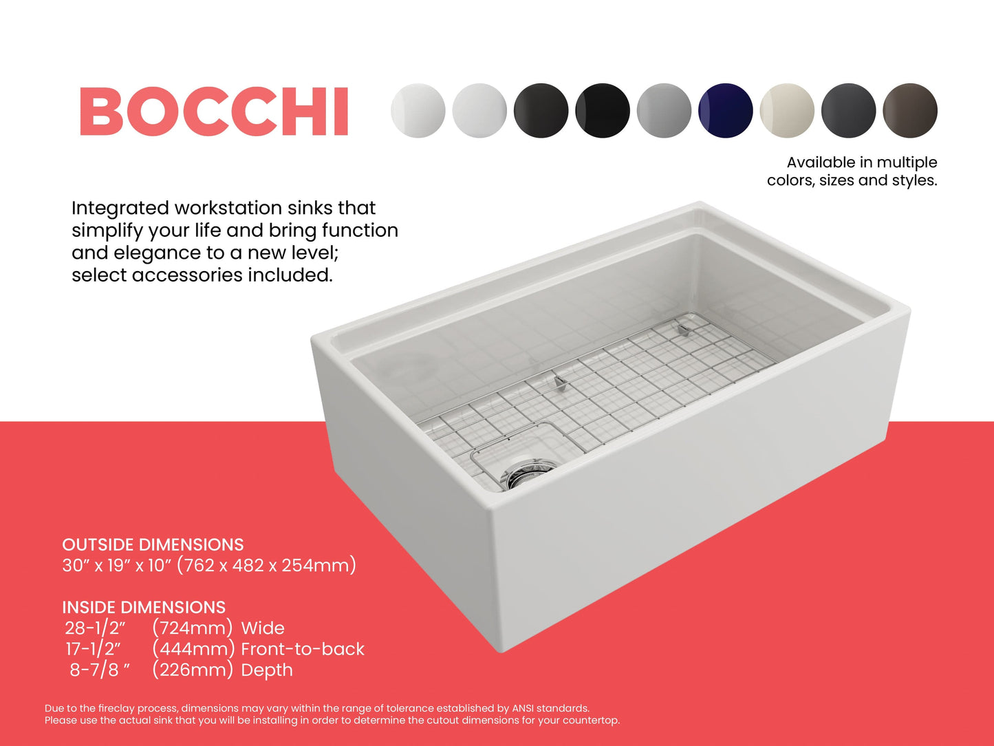 BOCCHI CONTEMPO 30" Fireclay Farmhouse Step Rim With Integrated Work Station Single Bowl Kitchen Sink With Accessories
