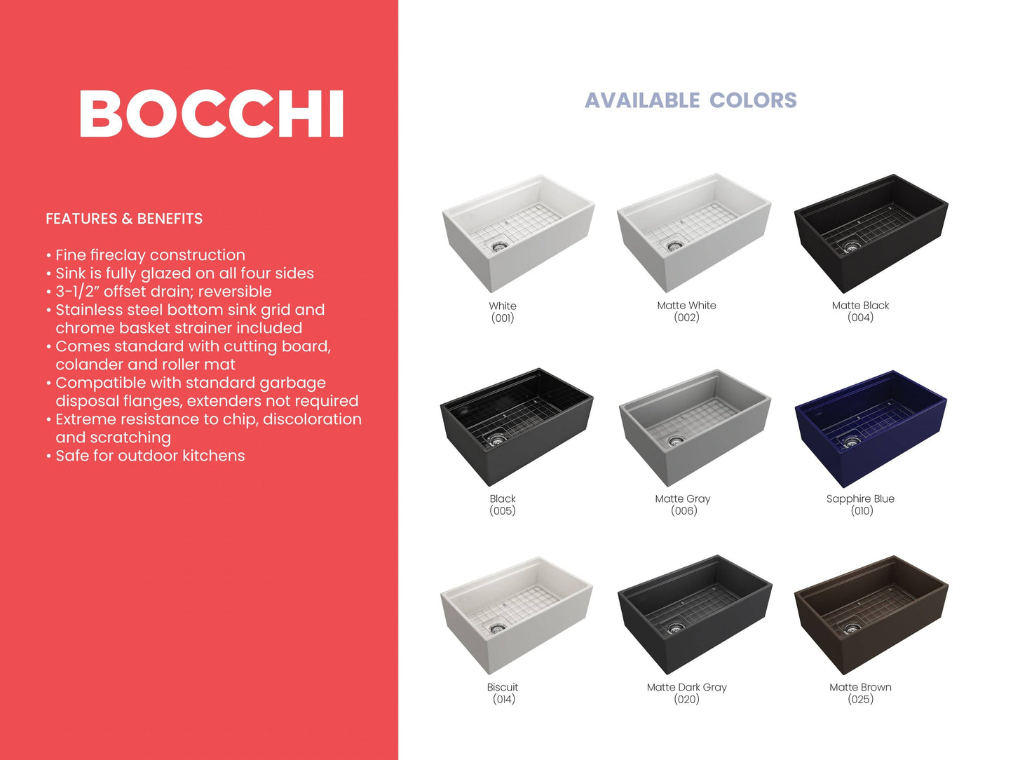 BOCCHI CONTEMPO 30" Fireclay Farmhouse Step Rim With Integrated Work Station Single Bowl Kitchen Sink With Accessories