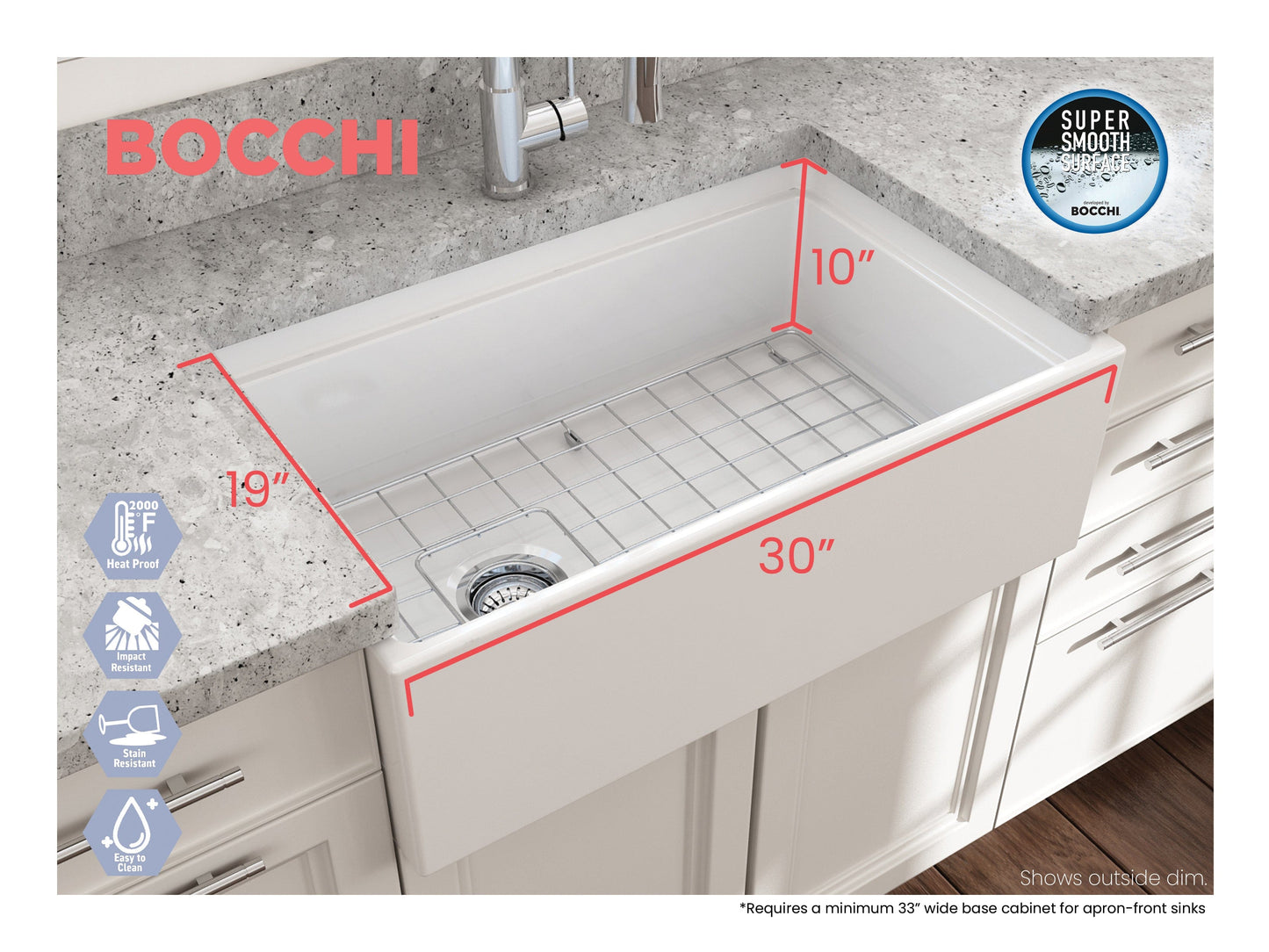 BOCCHI CONTEMPO 30" Fireclay Farmhouse Step Rim With Integrated Work Station Single Bowl Kitchen Sink With Accessories