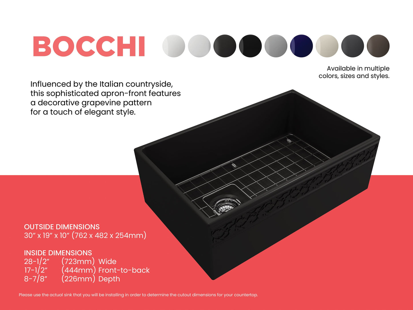 BOCCHI VIGNETO 30" Fireclay Farmhouse Single Bowl Kitchen Sink