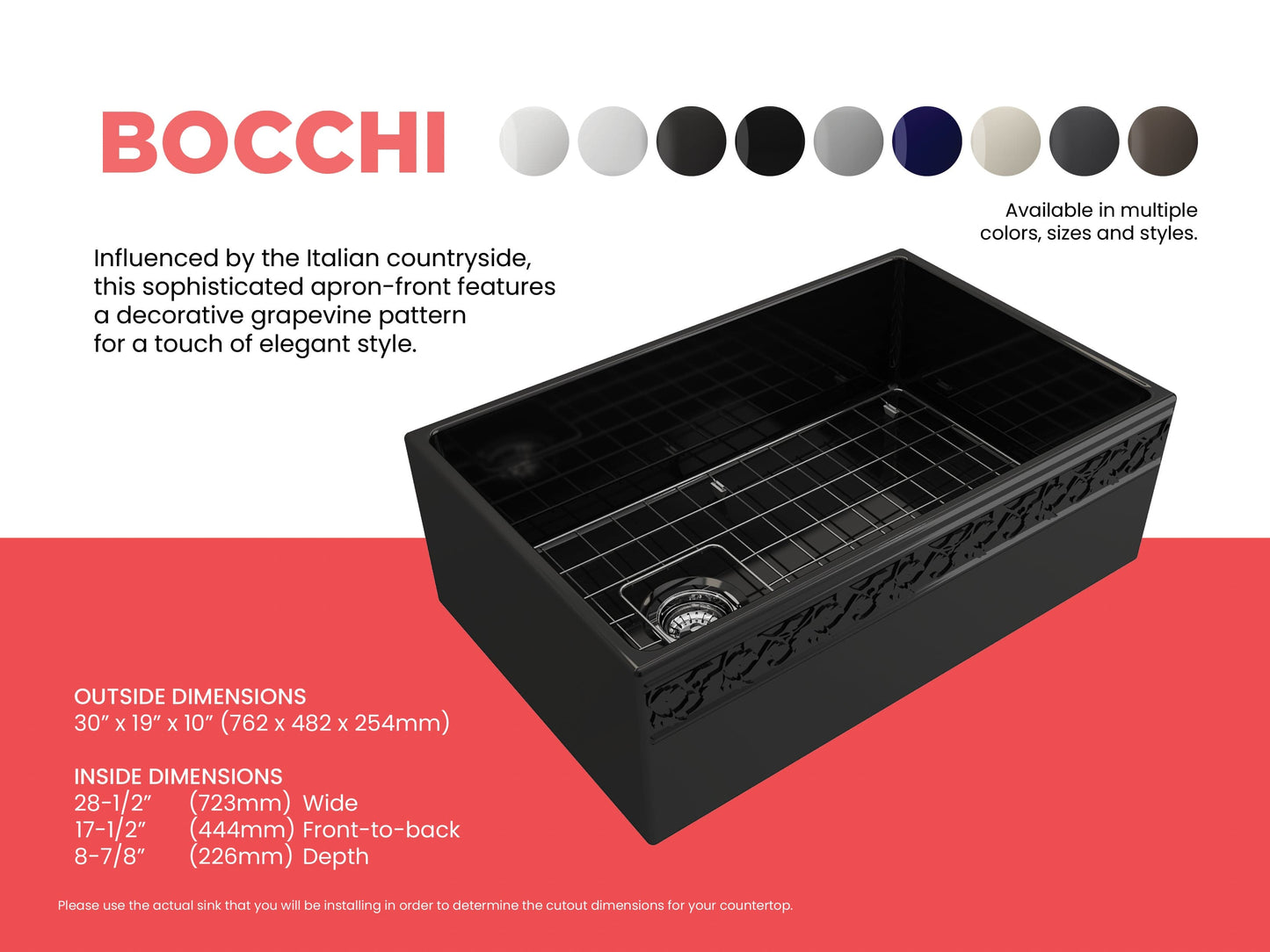 BOCCHI VIGNETO 30" Fireclay Farmhouse Single Bowl Kitchen Sink