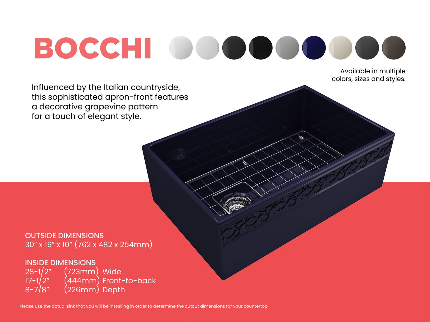 BOCCHI VIGNETO 30" Fireclay Farmhouse Single Bowl Kitchen Sink