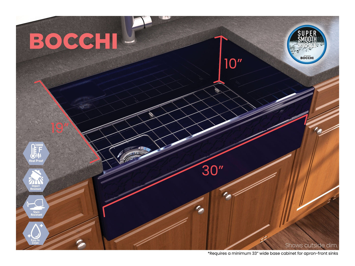 BOCCHI VIGNETO 30" Fireclay Farmhouse Single Bowl Kitchen Sink